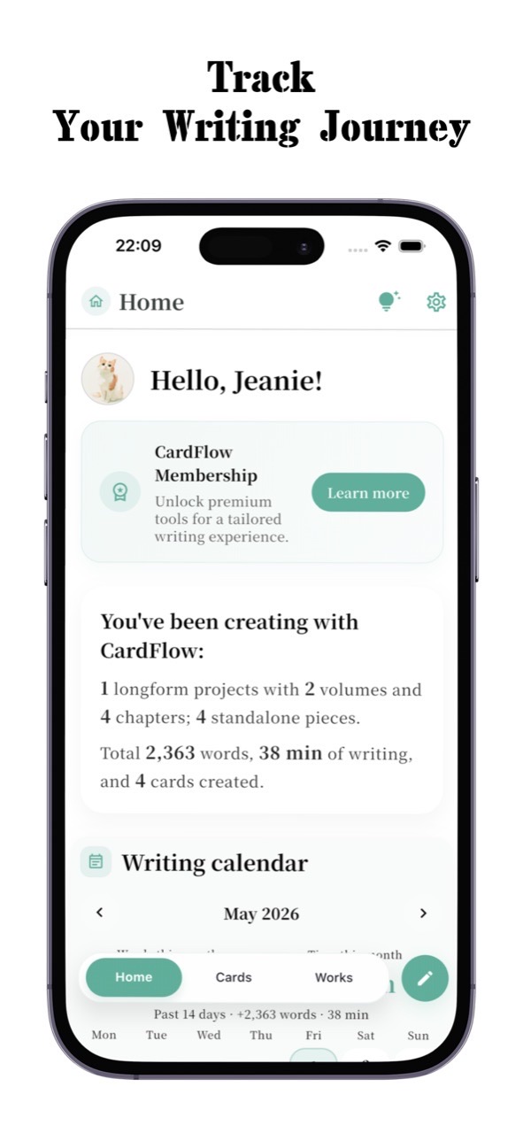 CardFlow home preview showing writing data and a writing calendar