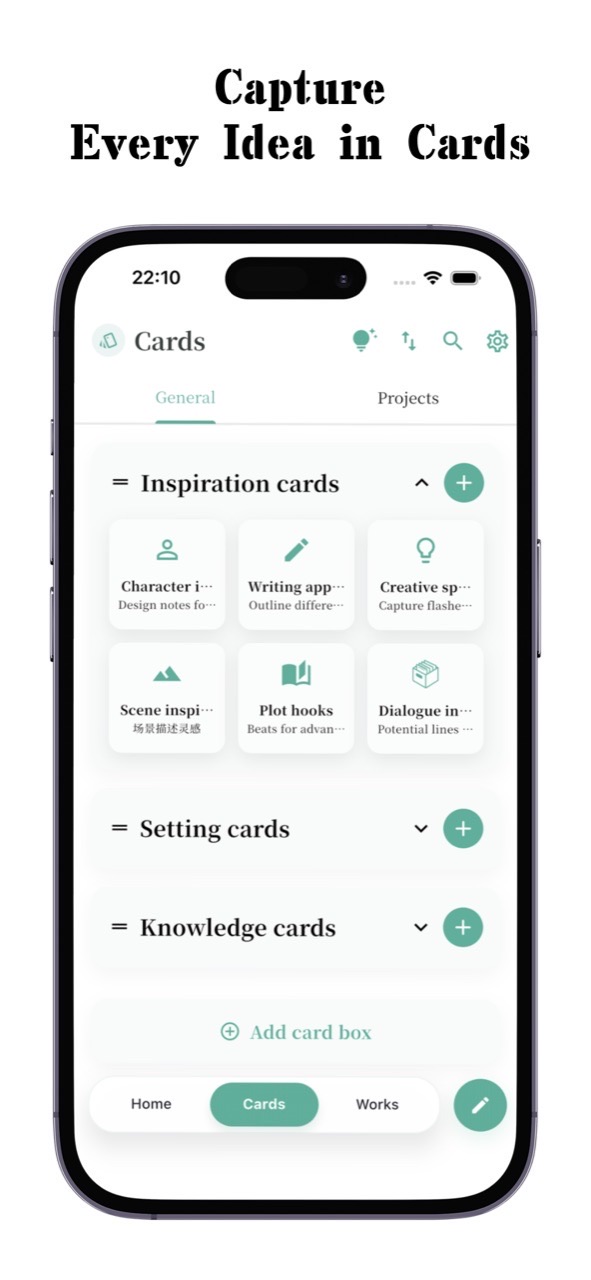 CardFlow cards preview showing idea cards, setting cards, and knowledge cards