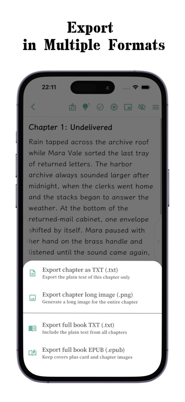 CardFlow export preview showing TXT, long image, and EPUB export options