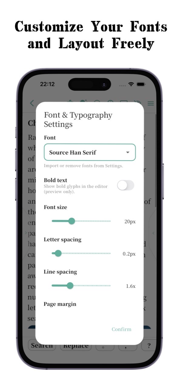CardFlow typography preview showing editor font and layout settings