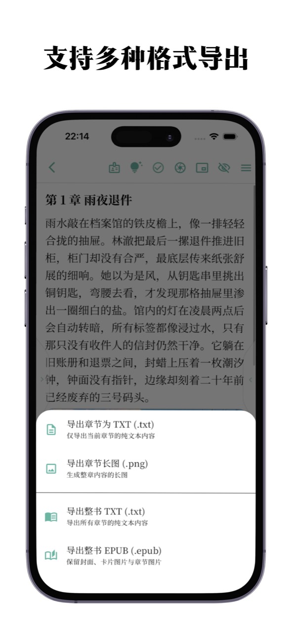 CardFlow 导出预览：TXT、长图和 EPUB 导出选项